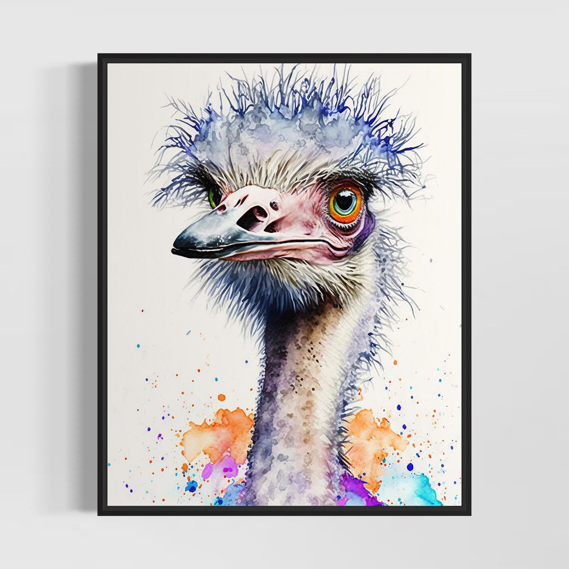 Big-Eyed Ostrich Staring in Colorful Watercolor Splash Poster
