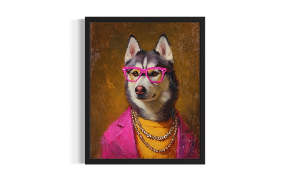 Husky Dog Hip Hop Portrait Hot Pink Glasses Blazer Diamond Poster