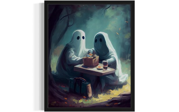 Two Cute Ghosts Having A Picnic In The Woods Painting Art Poster