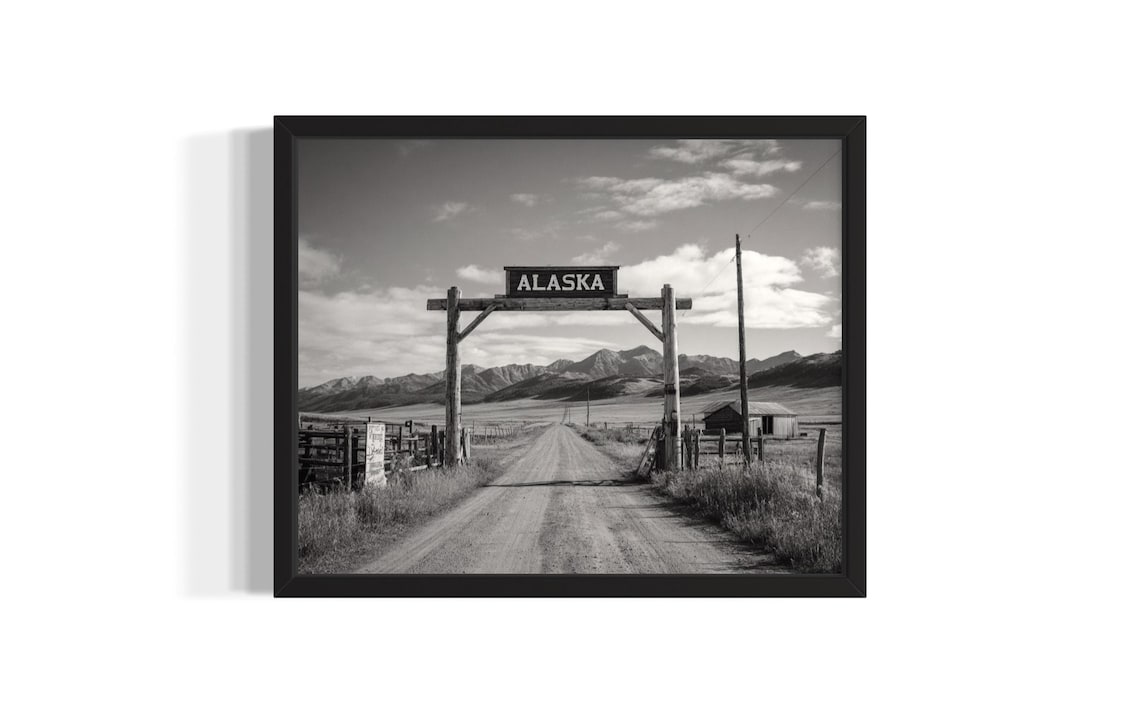Alaska Ranch Gate Mountain Road Black and White Western Photo Print