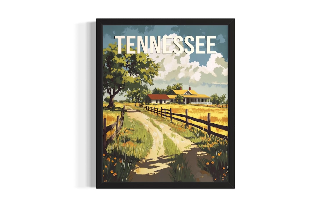 Tennessee Country Farmhouse Fenced Dirt Road Sunset Glow Poster
