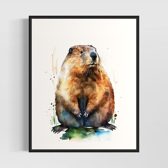 Beaver Watercolor Cute Brown Wild Dam Building Rodent Art Poster