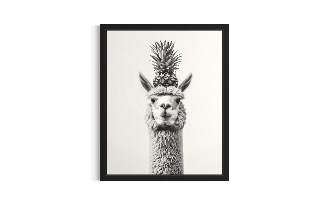 Alpaca Balancing Pineapple Black And White Animal Portrait Poster