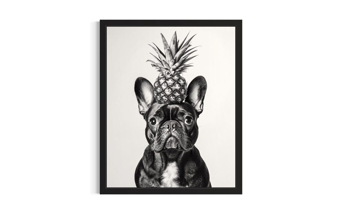 French Bulldog Balancing Pineapple on Head Funny Kitchen Dog Poster