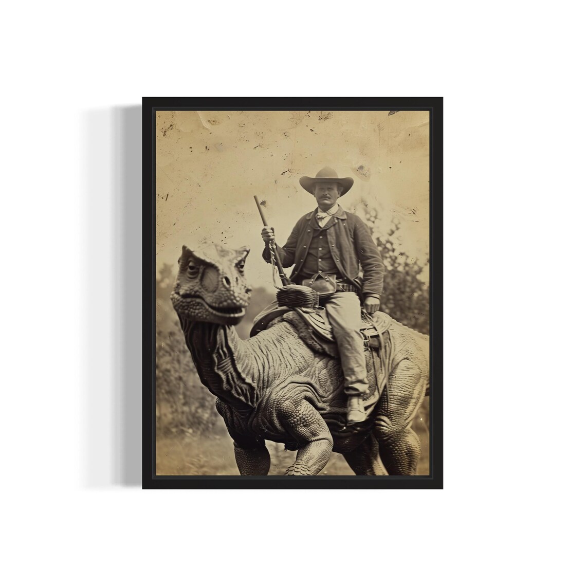 Cowboy Riding a Dinosaur Sepia Vintage Western Adventure Poster