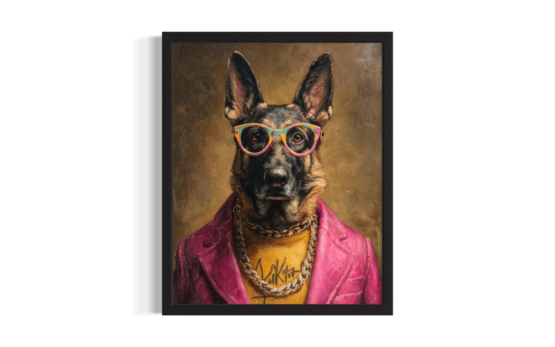 German Shepherd Hip Hop Portrait Pink Blazer Gold Chains Funny Poster