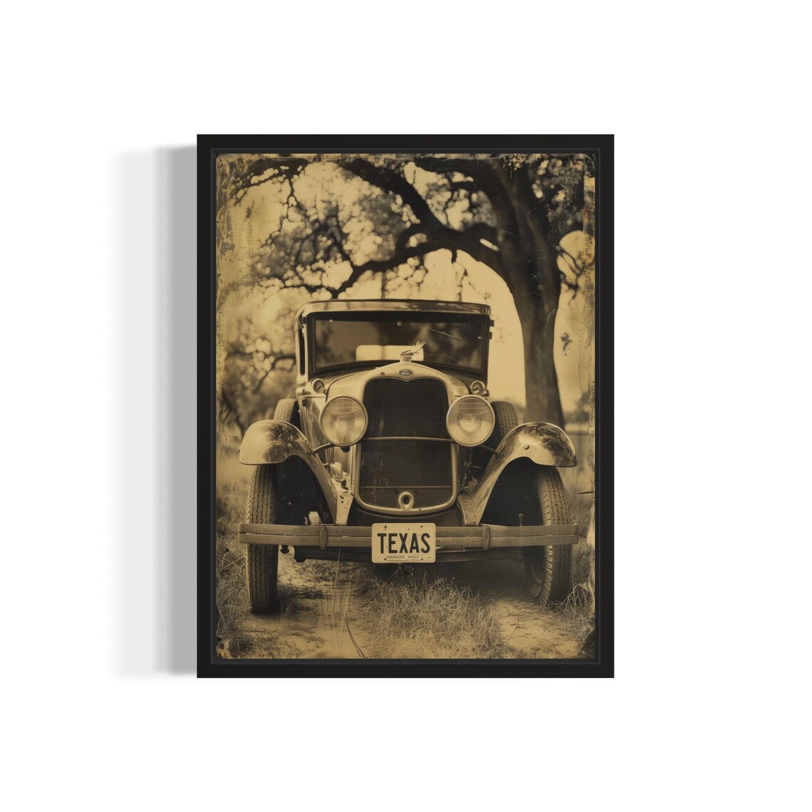 Vintage Ford Front View Texas License Plate Sepia Classic Car Poster