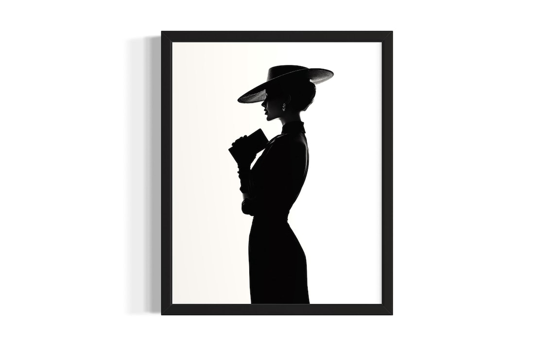 Black and White Woman Wide Brim Hat Silhouette Profile Fashion Poster