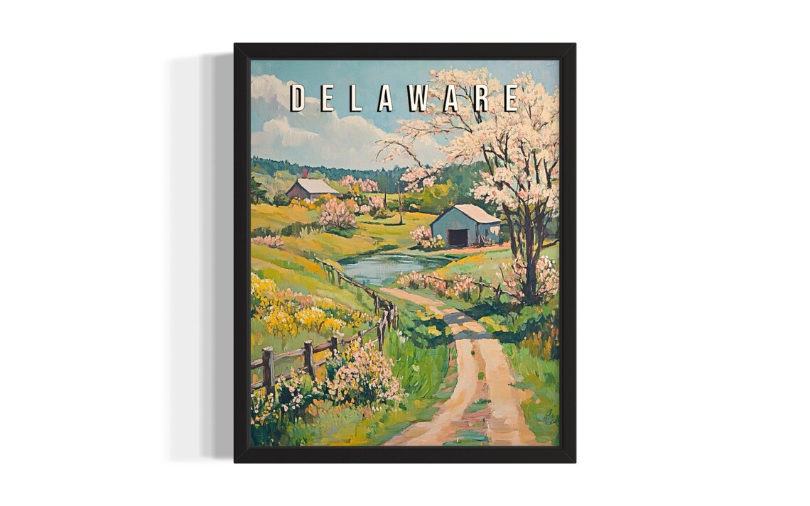 Delaware Spring Cherry Blossom Country Road Pond Vintage Poster
