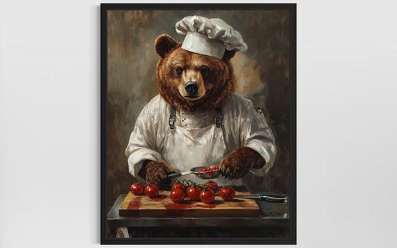 Bear Animal Chef Poster Art Print Kitchen Wall Original Painting Artwork Decor