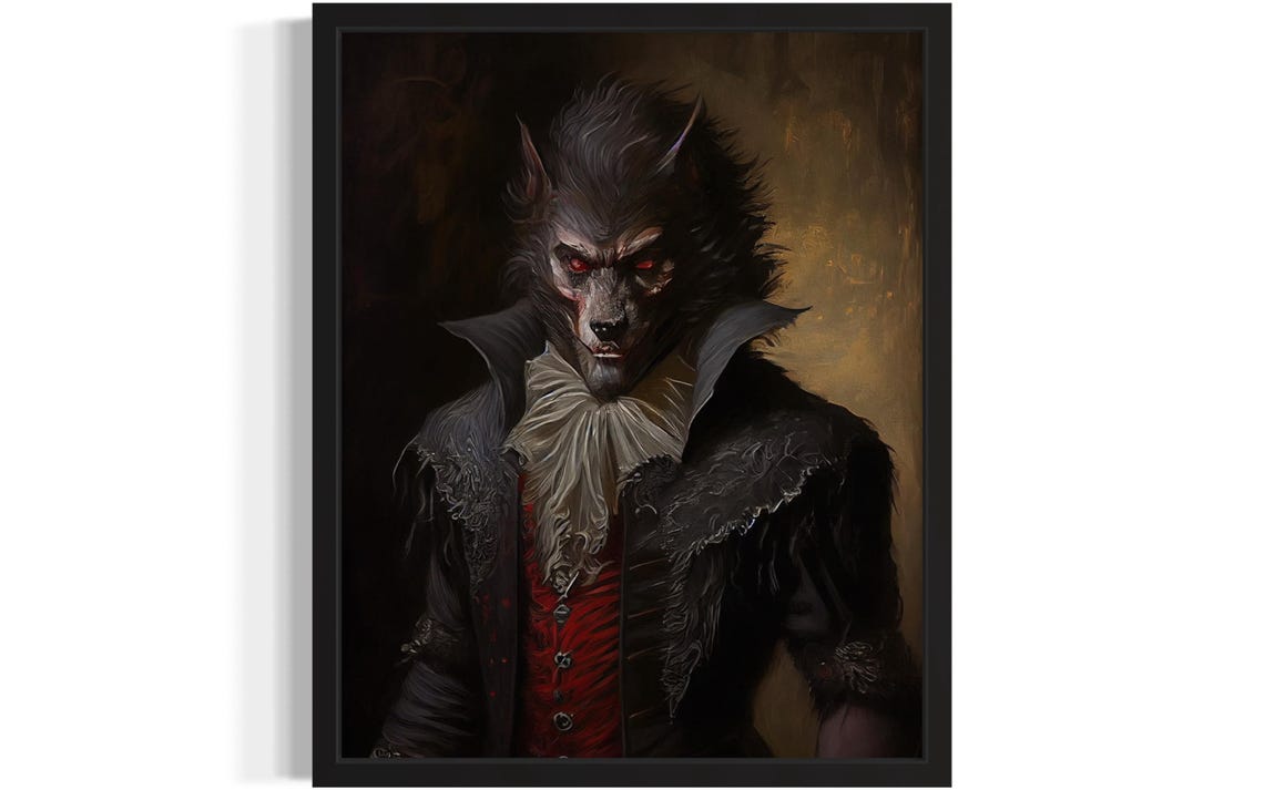 Werewolf in Victorian Coat Red Eyes Gothic Horror Creature Art Poster