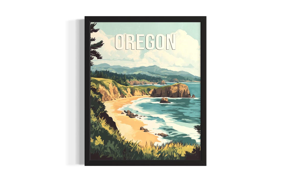 Oregon Coast Sandy Beach Cliffs Crashing Big Ocean Waves Poster