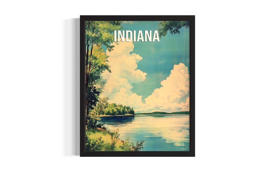 Indiana Lakeside Calm Lake Shoreline Summer Clouds Retro Travel Poster