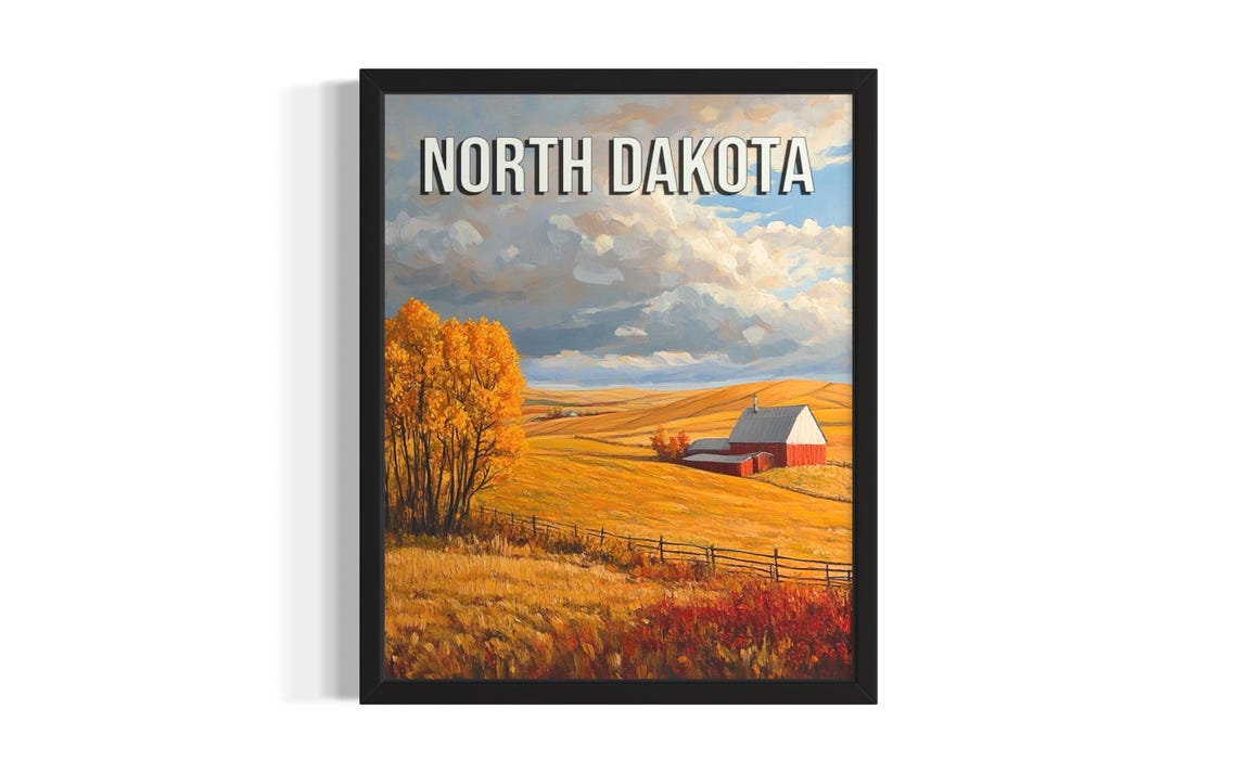 North Dakota Fall Farm Red Barn Golden Prairie Sunset Poster