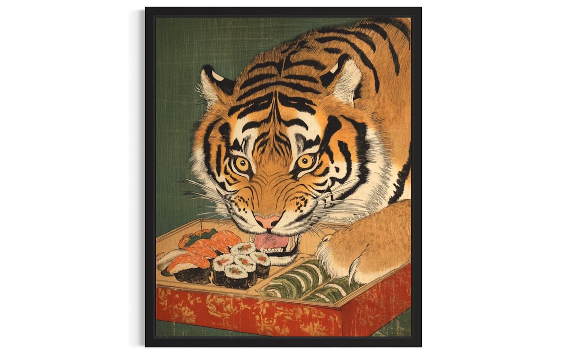 Tiger Sushi Feast Japanese Woodblock Style Fierce Big Cat Art Poster