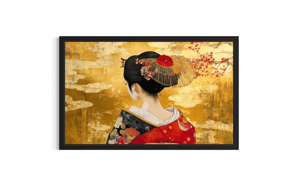 Geisha From Behind With Fan Hairpin on a Golden Leaf Art Poster
