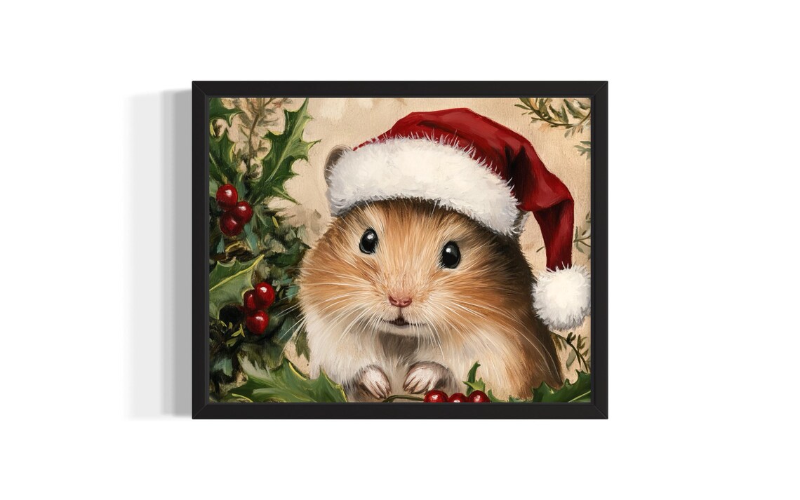 Golden Hamster in Santa Hat with Holly Berries Christmas Art Poster