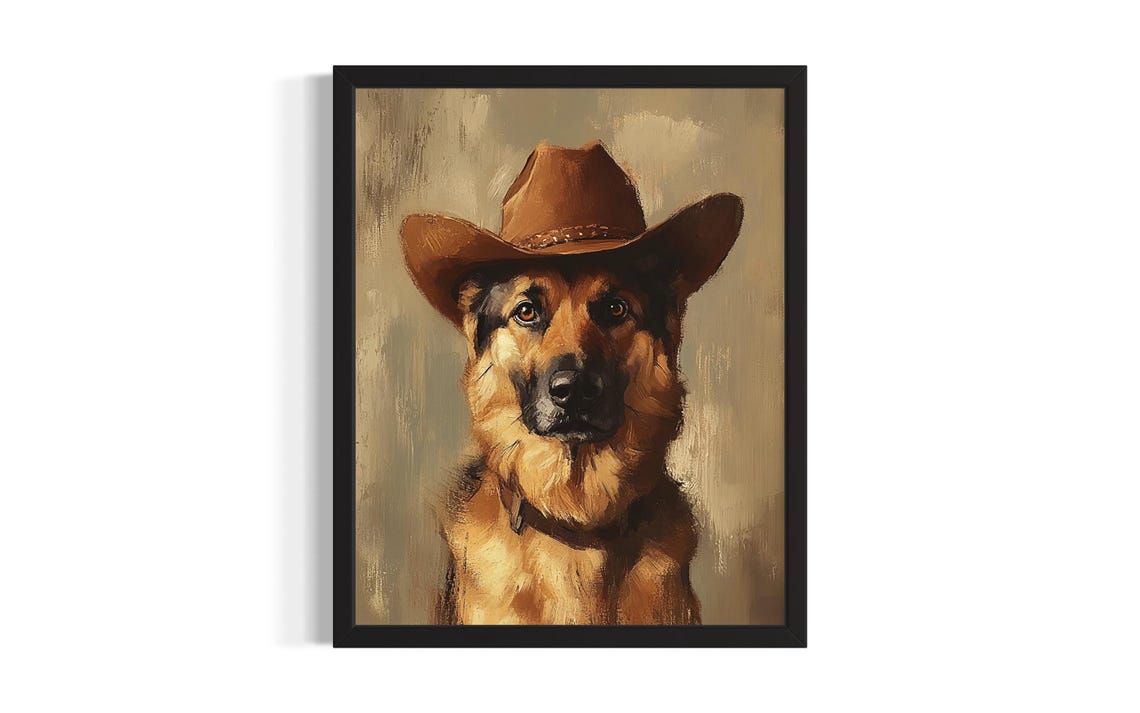 German Shepherd Wearing Cowboy Hat Western Portrait Poster Art