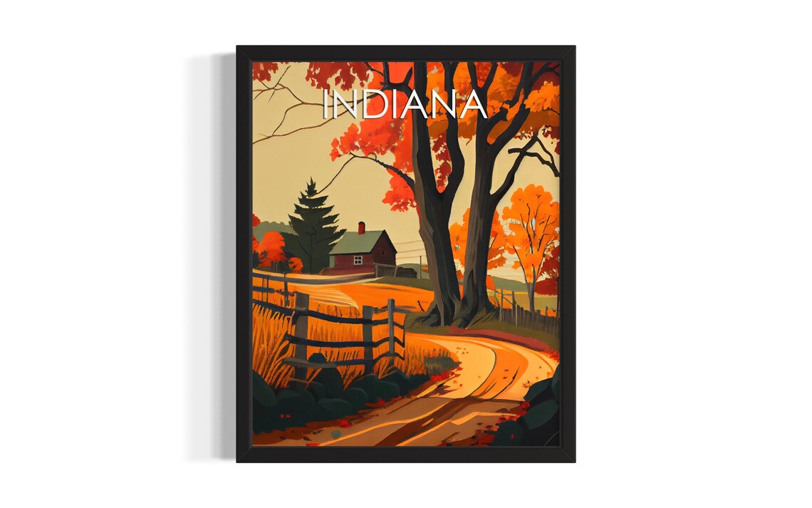Indiana Autumn Countryside Farm Fence Fall Foliage Vintage Travel Poster
