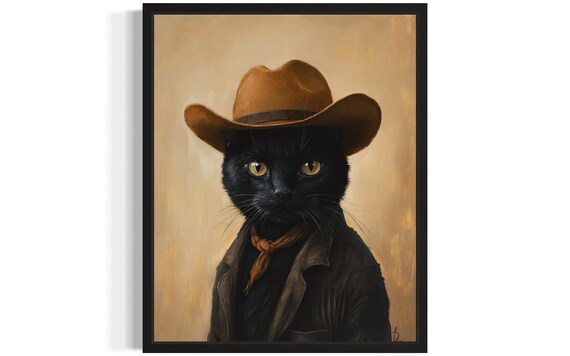 Sleek Black Cat in Cowboy Hat and Bandana Western Animal Poster