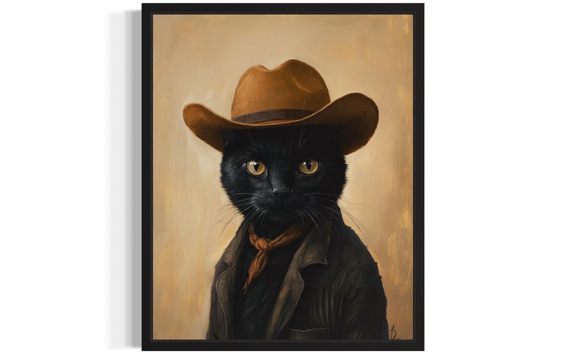 Sleek Black Cat in Cowboy Hat and Bandana Western Animal Poster
