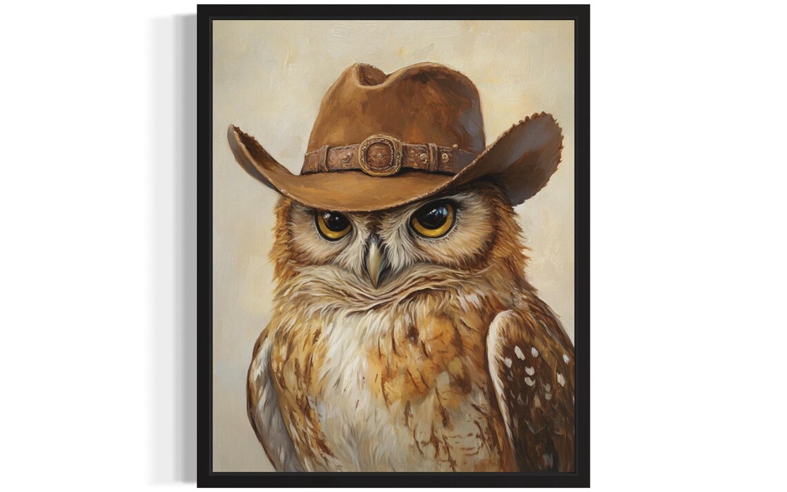 Wide Eyed Owl in Cowboy Hat Funny Western Bird Portrait Poster