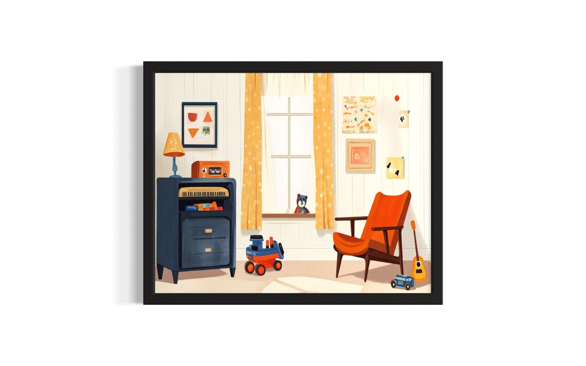 Cozy Kids Bedroom with Toys Flat Nursery Illustration Art Poster