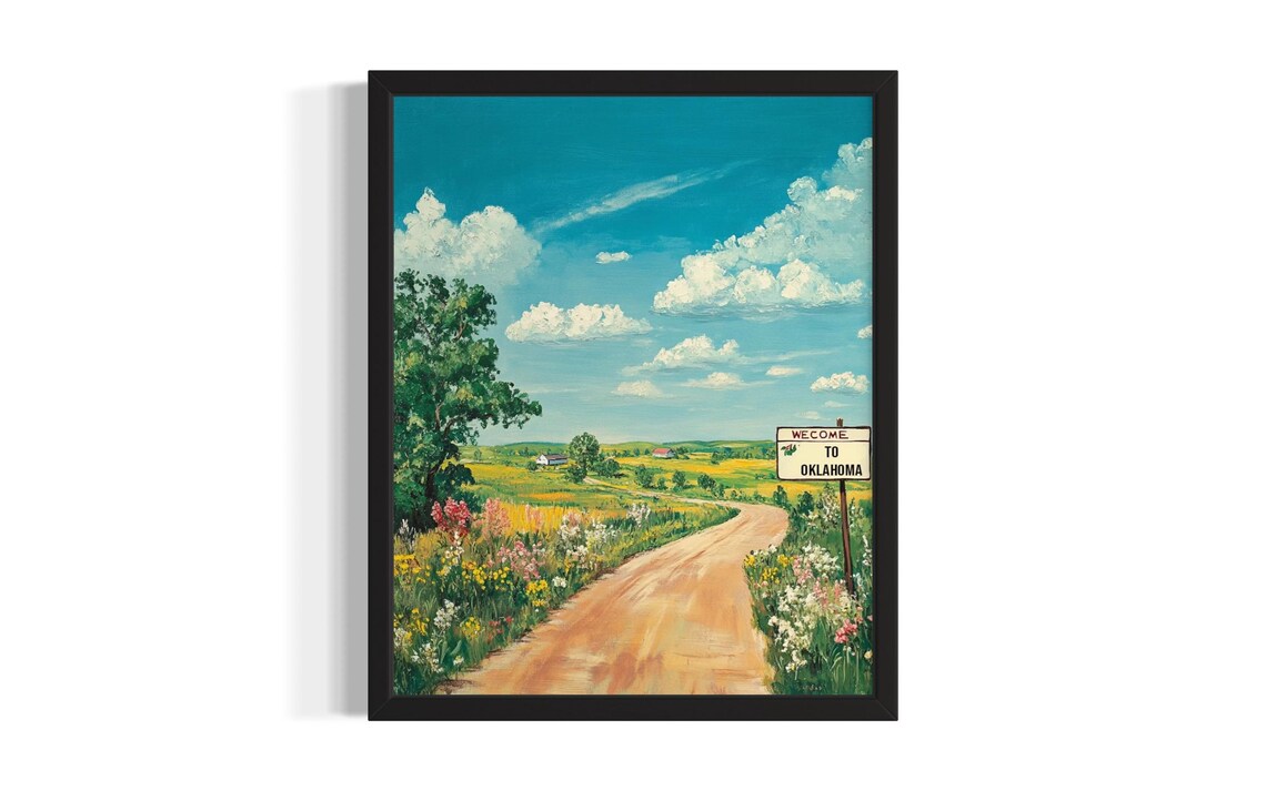 Welcome To Oklahoma Sign Country Dirt Road Wildflowers Poster