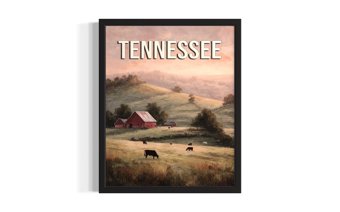 Tennessee Farm Sunrise Red Barn Cows Rolling Hills Art Poster