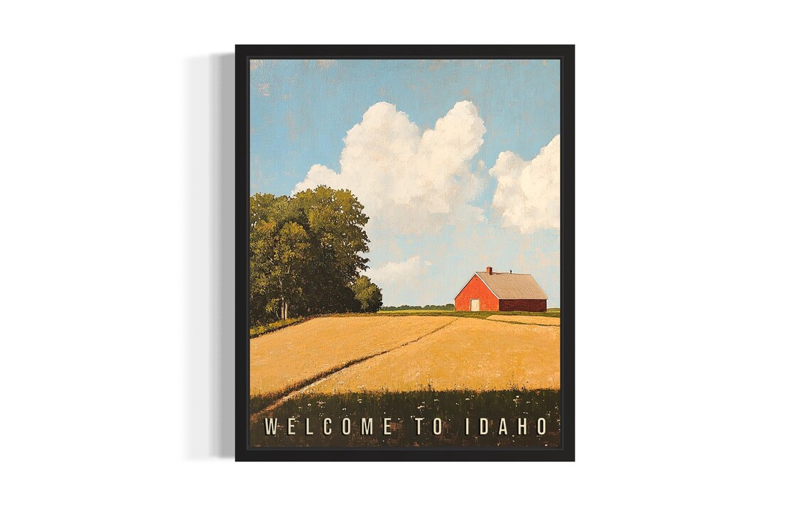 Welcome to Idaho Red Barn Wheat Field Vintage Travel Art Poster