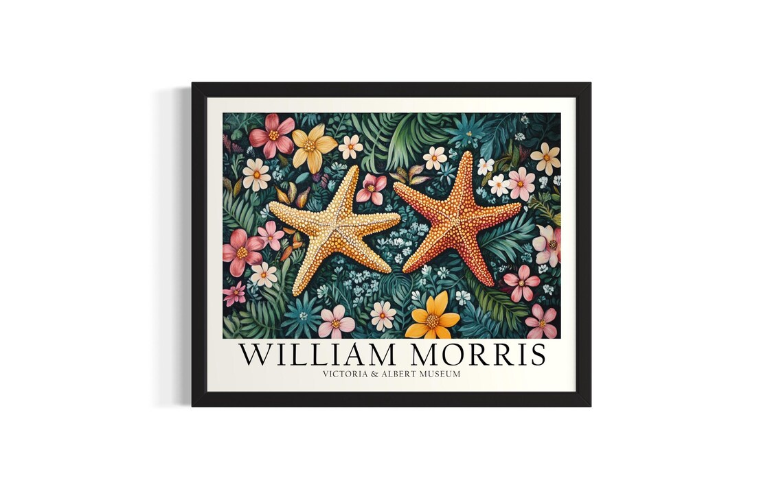 Two Starfish Among Garden Flowers William Morris Inspired Art Poster