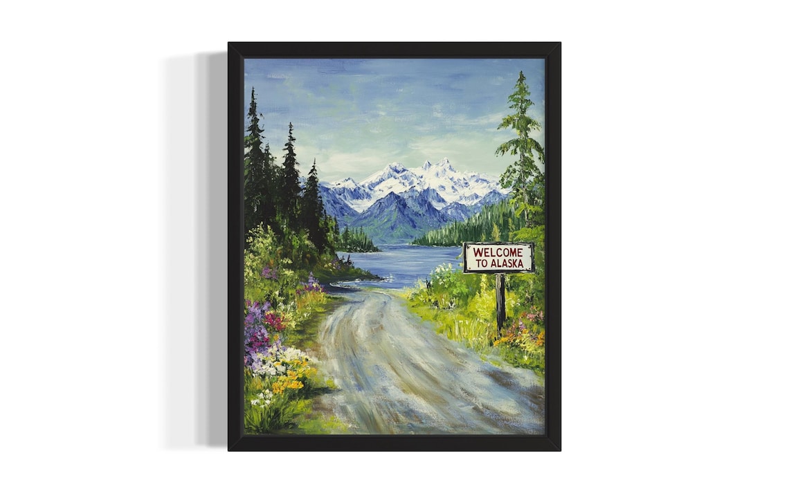 Welcome to Alaska Wildflower Road Lake Mountain Summer Travel Poster
