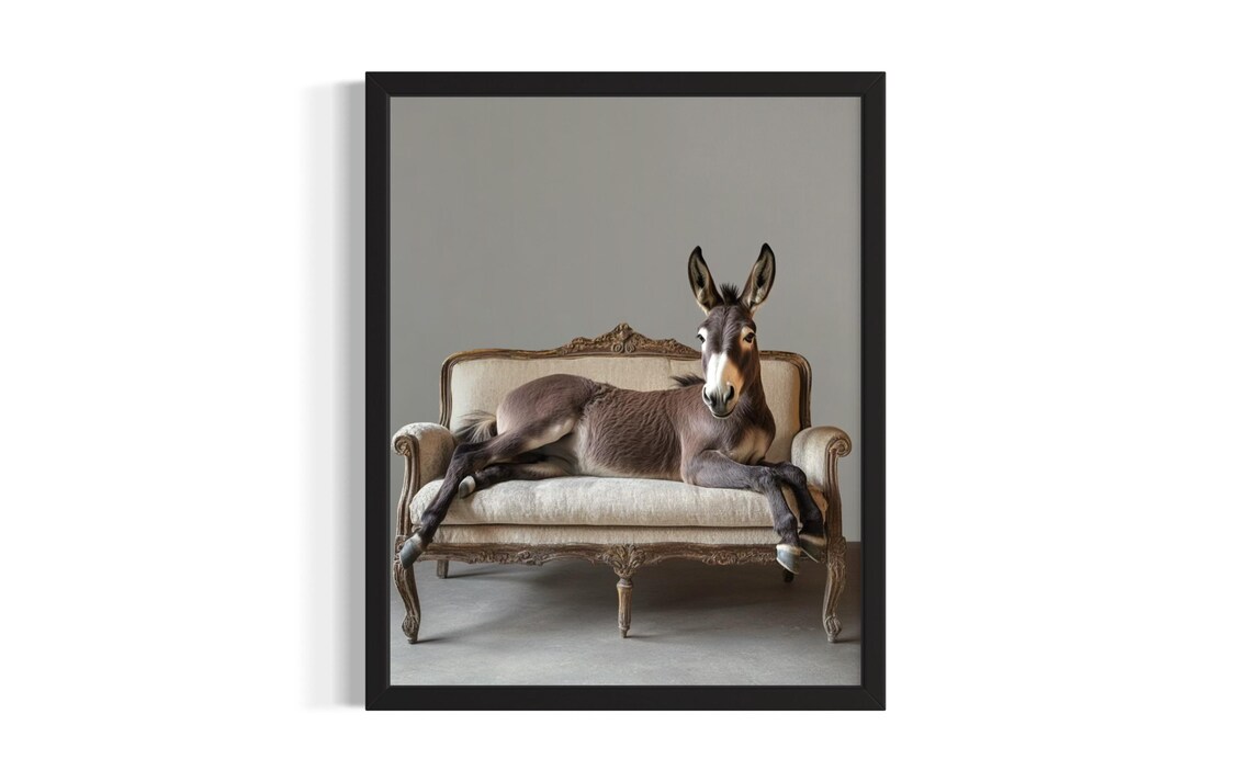 Charming Donkey Lounging on Ornate Vintage Sofa Portrait Poster