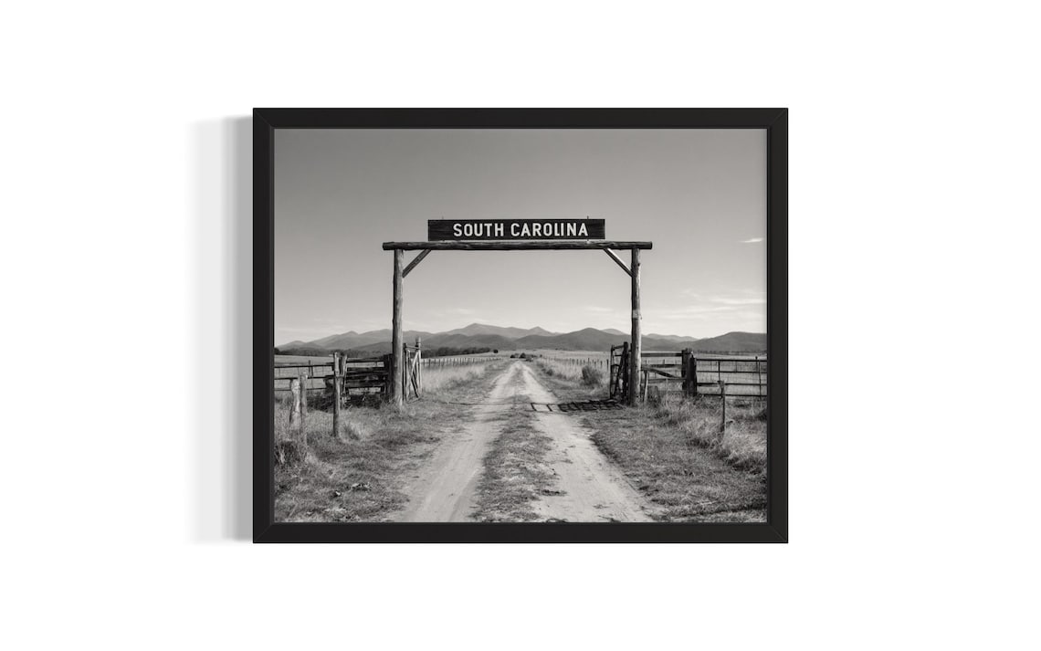 South Carolina Cowboy Ranch Wooden Gate Black And White Road Poster