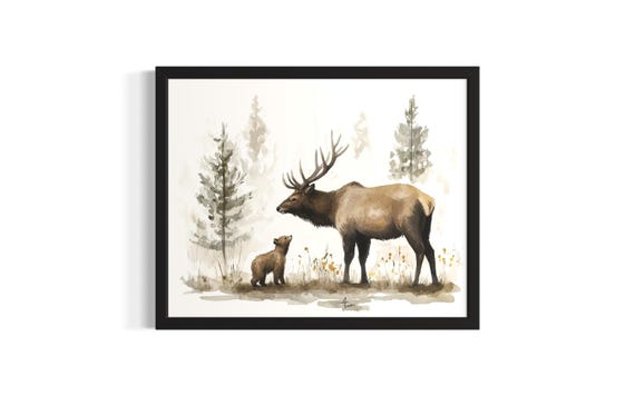 Elk And Bear Cub Animal In Harmony Forest Wildlife Poster Art Print Living Room Wall Original Painting Artwork Decor