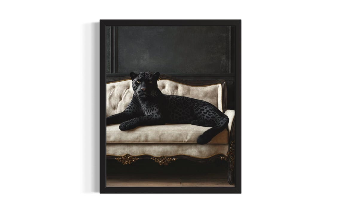 Black Panther Lounging on Cream Sofa Moody Wildlife Vintage Poster
