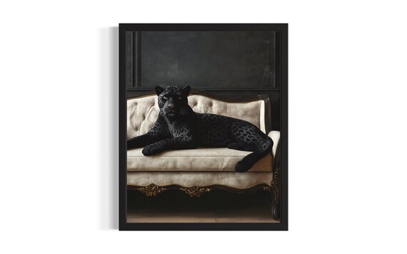 Black Panther Lounging on Cream Sofa Moody Wildlife Vintage Poster