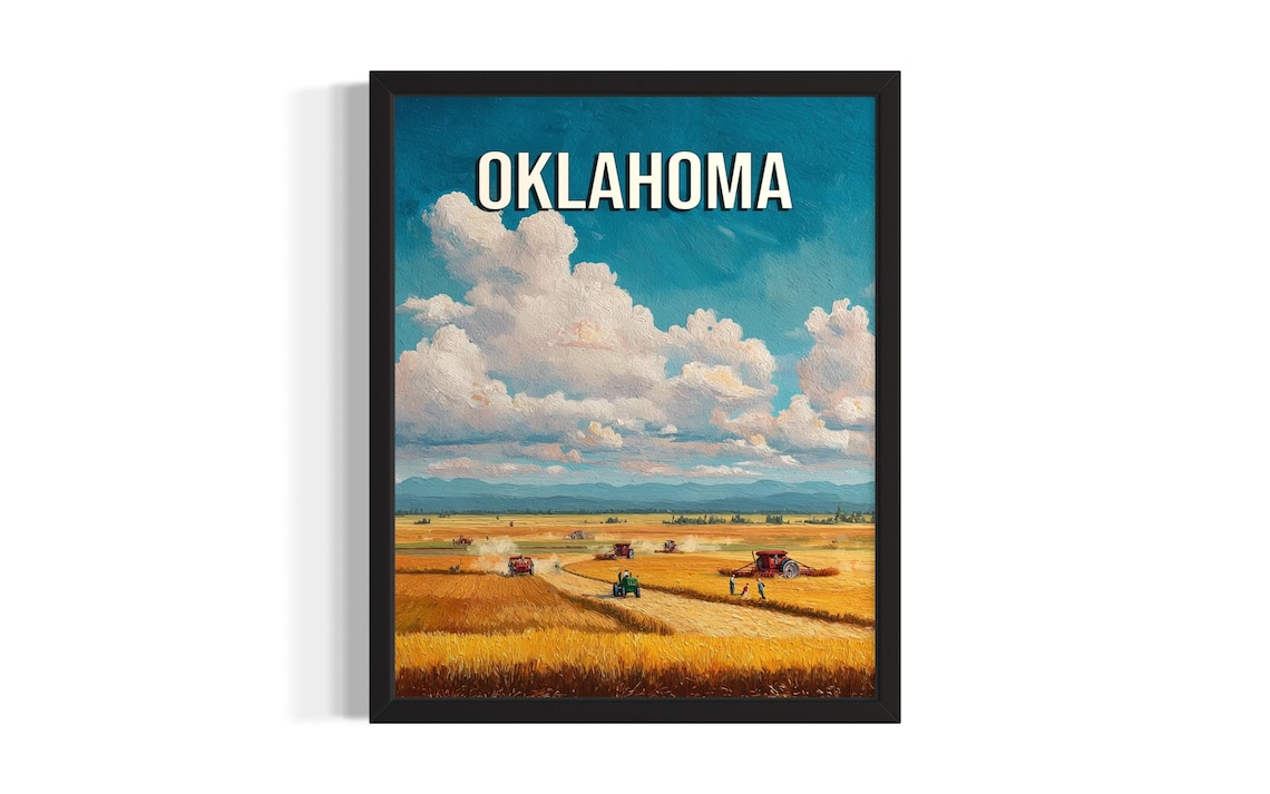 Oklahoma Wheat Harvest Combines Golden Field Wide Big Sky Poster