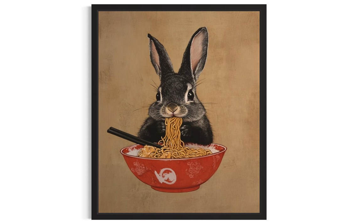 Black Rabbit Eating Noodles Japanese Style Cute Animal Poster Art