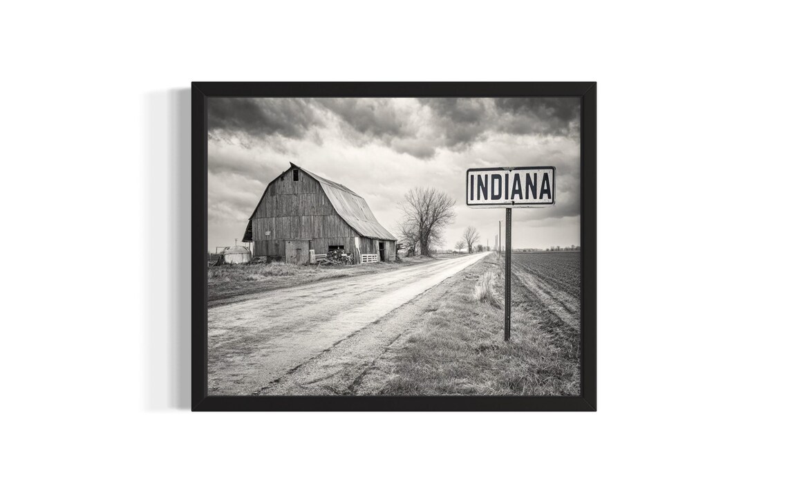 Indiana Old Barn Highway Sign Black and White Vintage Photo Poster