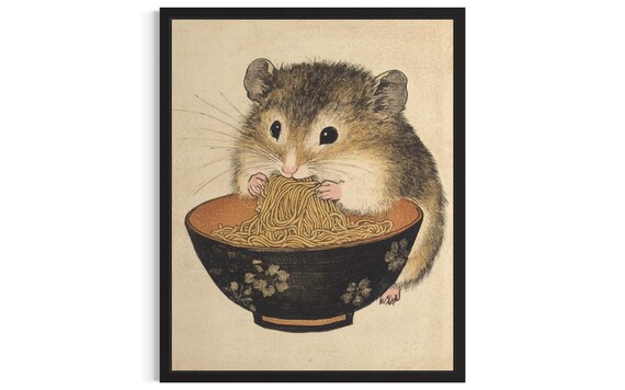 Hamster Eating Noodles Japanese Style Cute Small Animal Poster Artwork