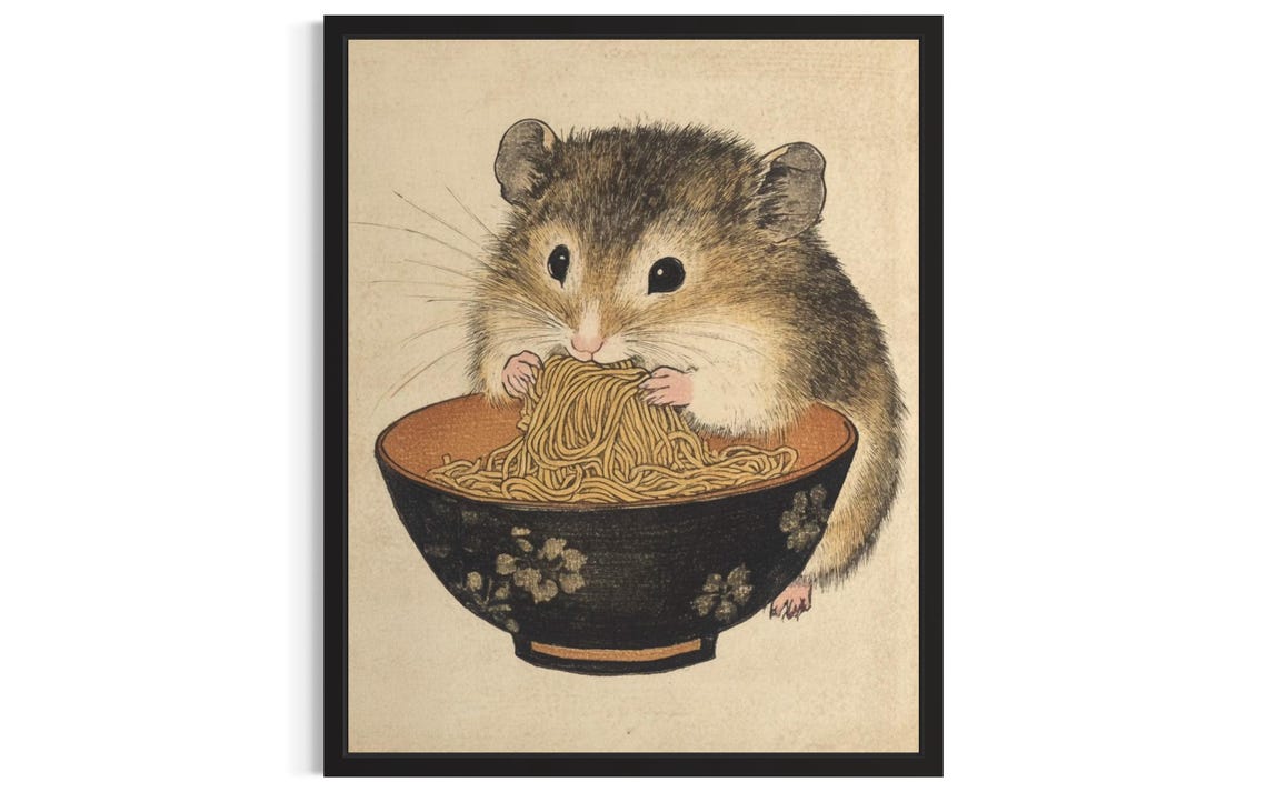 Hamster Eating Noodles Japanese Style Cute Small Animal Poster Artwork