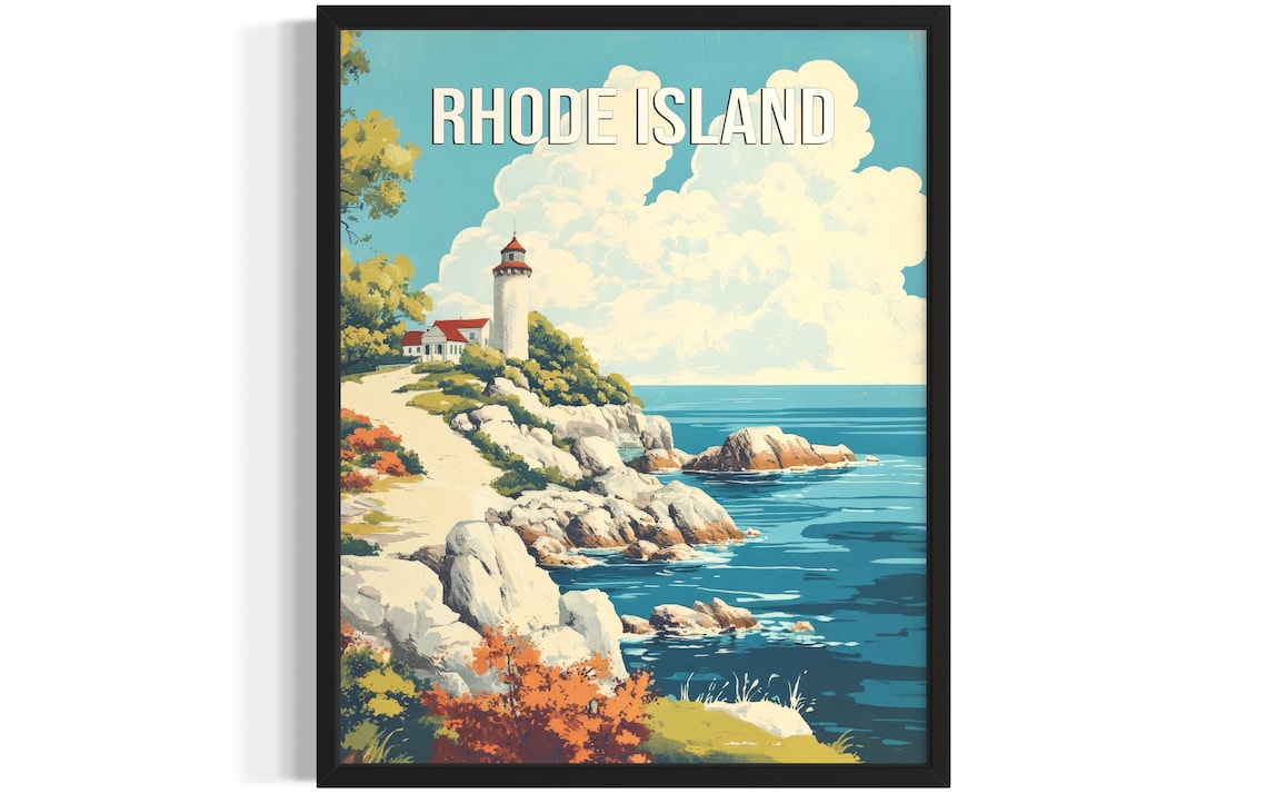 Rhode Island Coastline Lighthouse Rocky Shore Ocean Waves Art Poster