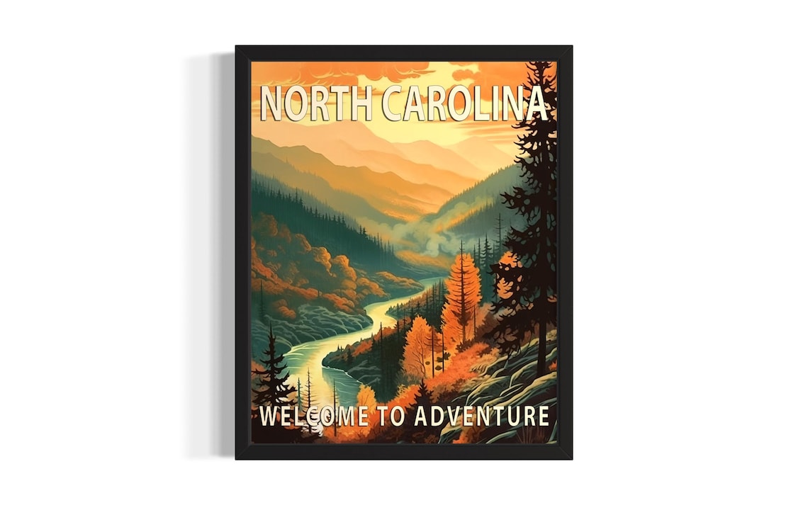 North Carolina Autumn Mountain River Adventure Travel Poster