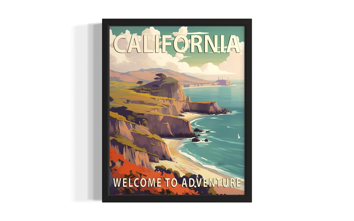 California Coastal Cliffs Welcome To Adventure Vintage Travel Poster