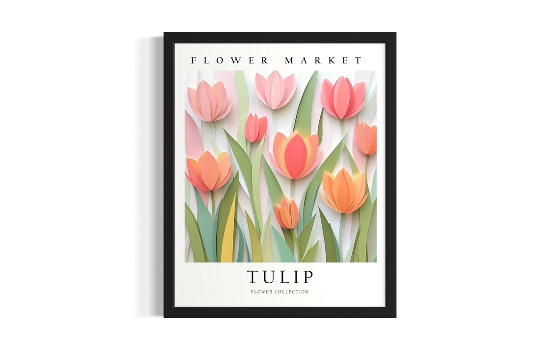 Tulip Flower Market 3D Paper Cut Pink Floral Botanical Art Poster