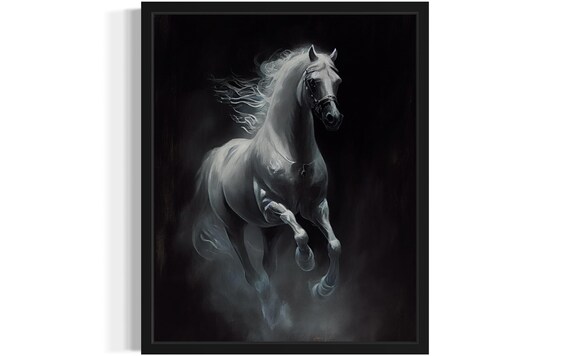 White Horse Rearing Against Black Background Dramatic Equine Poster