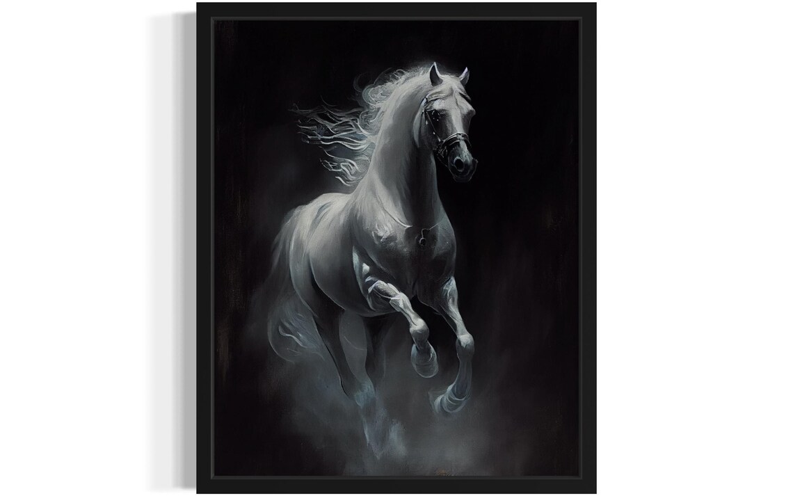 White Horse Rearing Against Black Background Dramatic Equine Poster