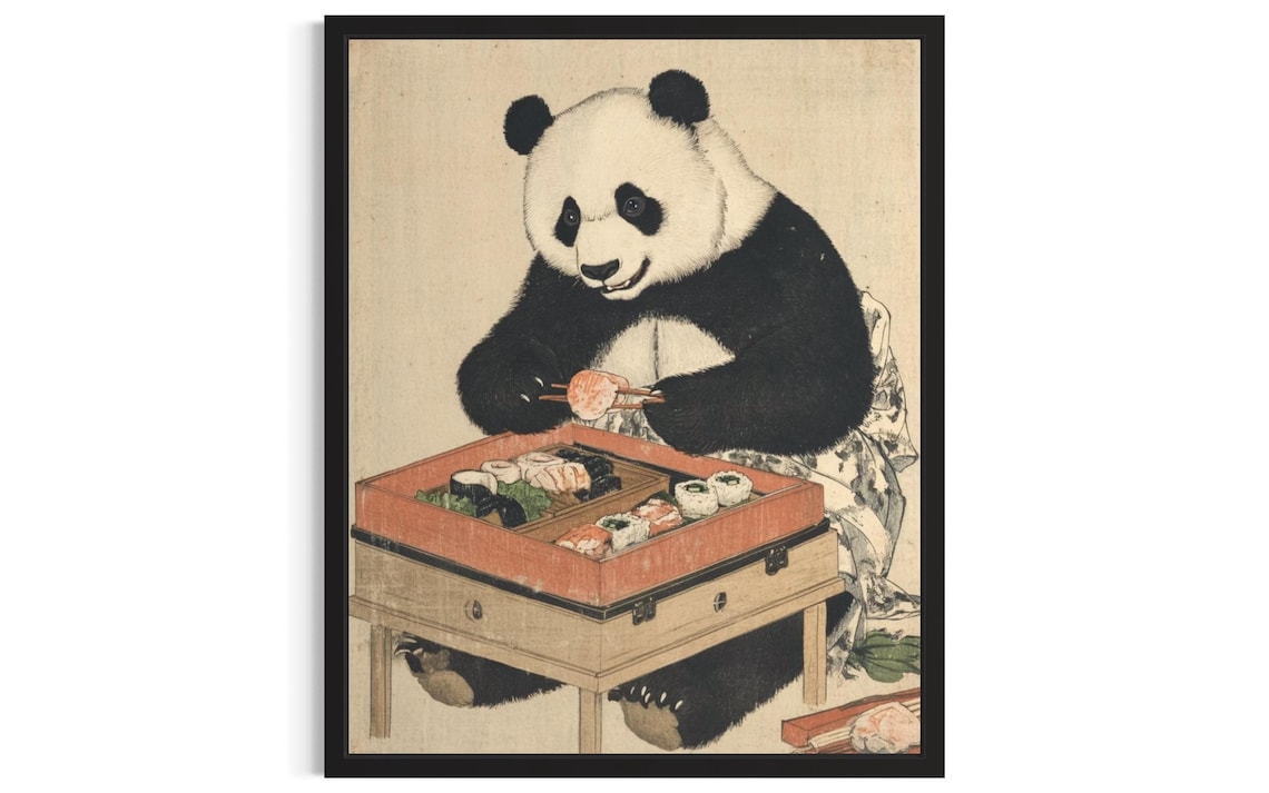 Giant Panda Eating Sushi Vintage Japanese Woodblock Art Print
