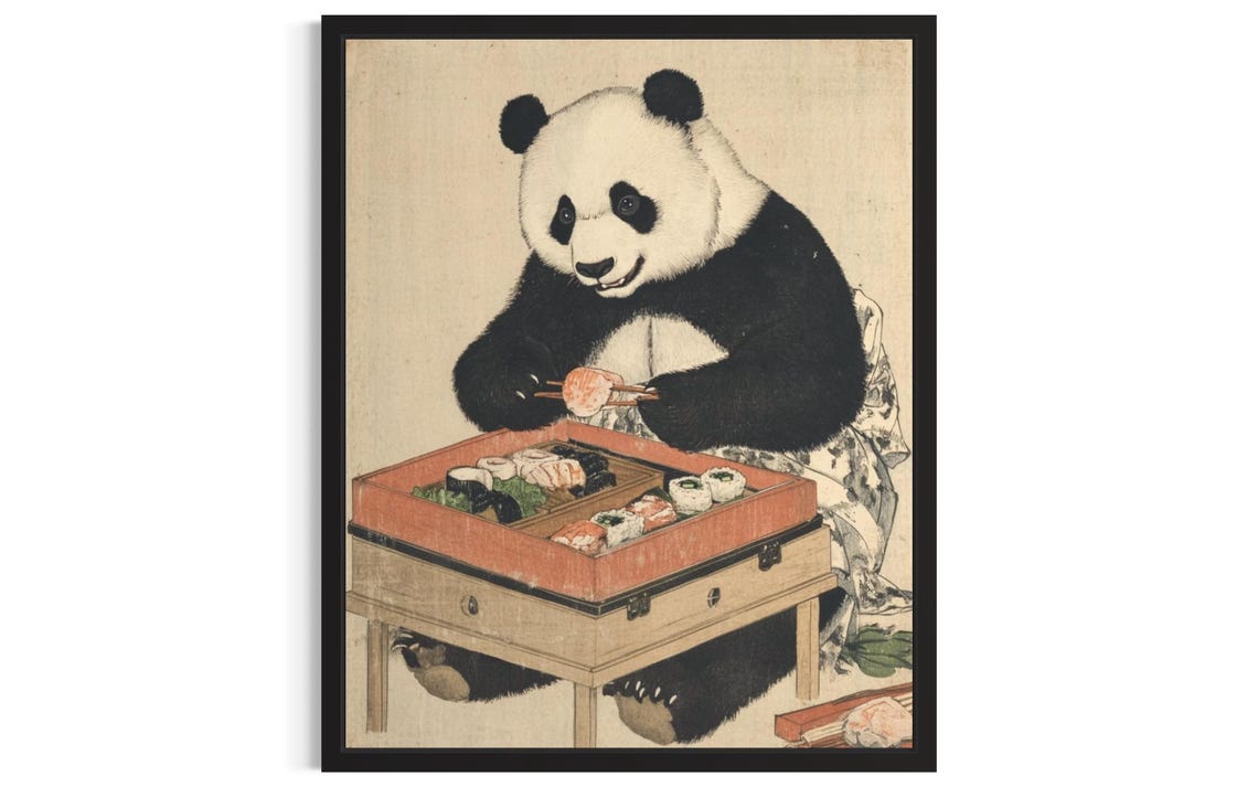 Panda Animal Kitchen Sushi Poster Art Print Wall Original Painting Artwork Decor